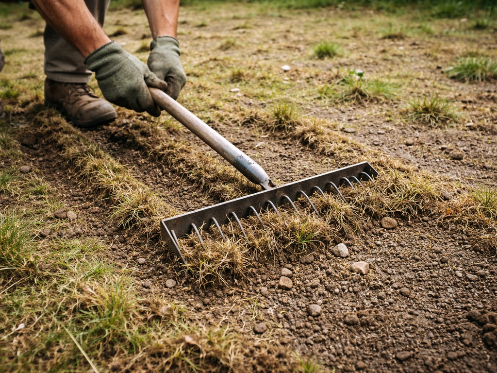 Close-up van verticuteren: losse grasresten en steentjes worden uit de grond gehaald vóór gazonaanleg.