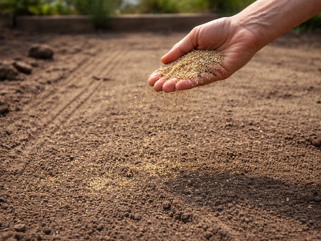 Een hand strooit graszaad gelijkmatig over voorbewerkt tuinland, met licht inharken/egaleren zichtbaar.