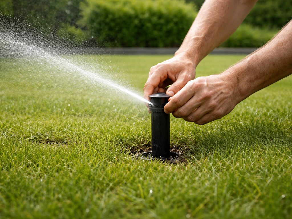 Iemand geeft nieuw aangelegd gazon water met een sproeier; waternevel op vers gras, rustige tuinsetting