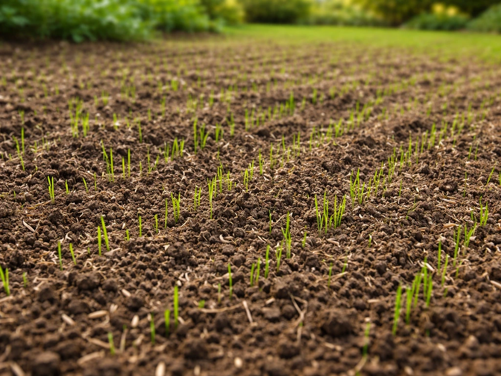 Handmatig ingezaaide tuin in april met jonge grassprieten en fijn losgemaakte bodem