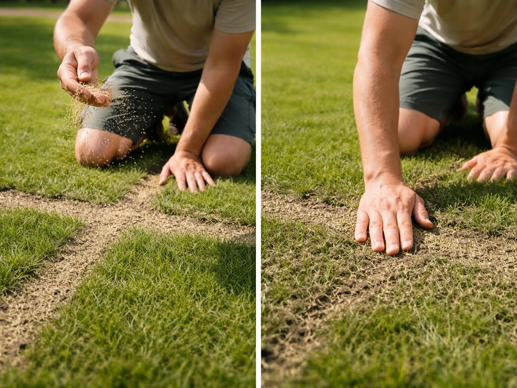 Persoon strooit graszaad met de hand in twee richtingen en werkt het licht in voor gelijkmatige dekking.